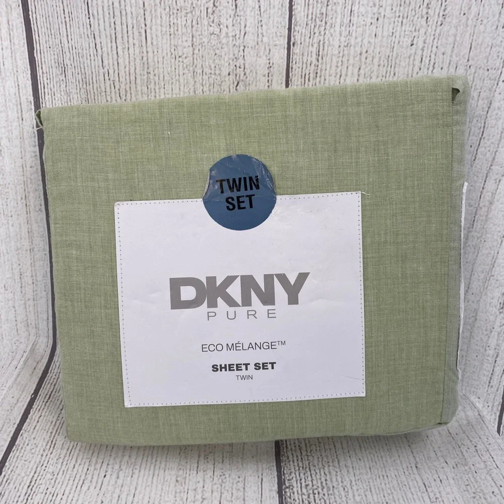 DKNY Sheet Set Twin Sage Green Pure Eco Melange Cotton Blend Heathered Earthy